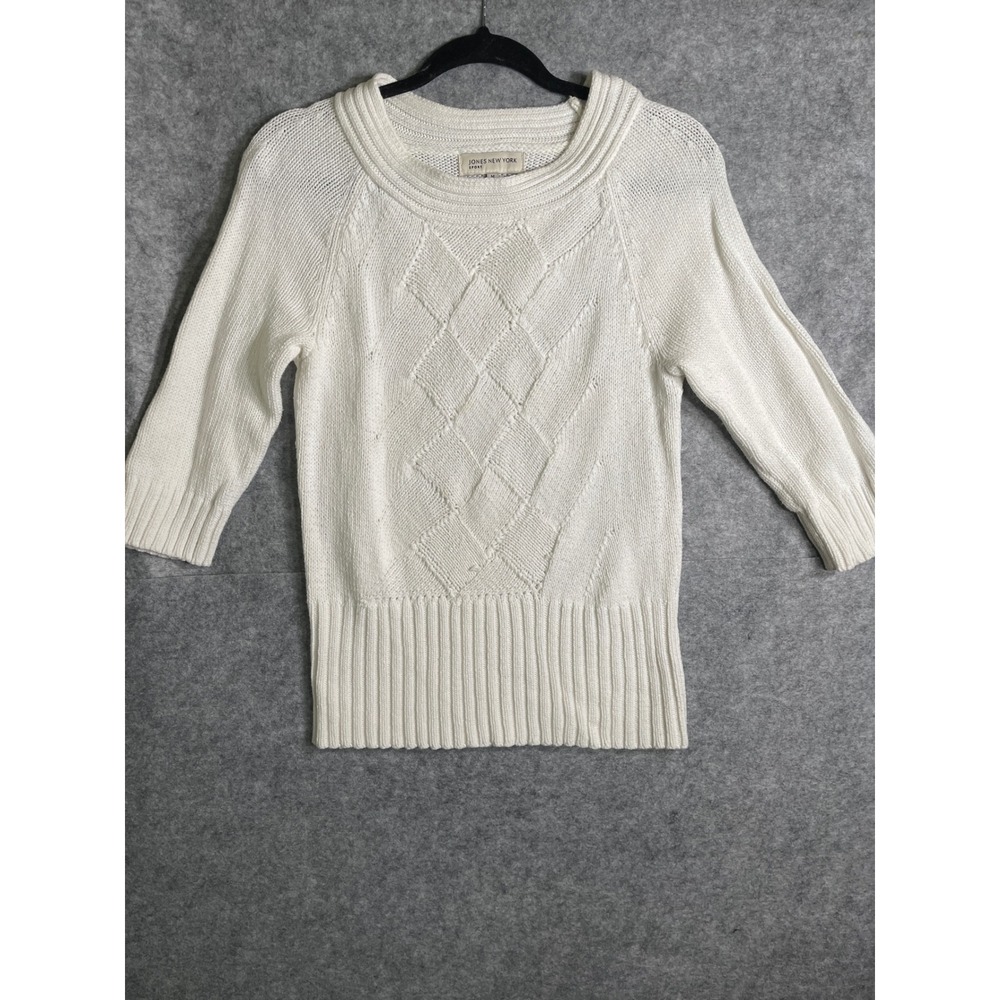 Jones New York Sport White Knit Sweater Diamond Argyle 3/4 Sleeve Womens Medium
